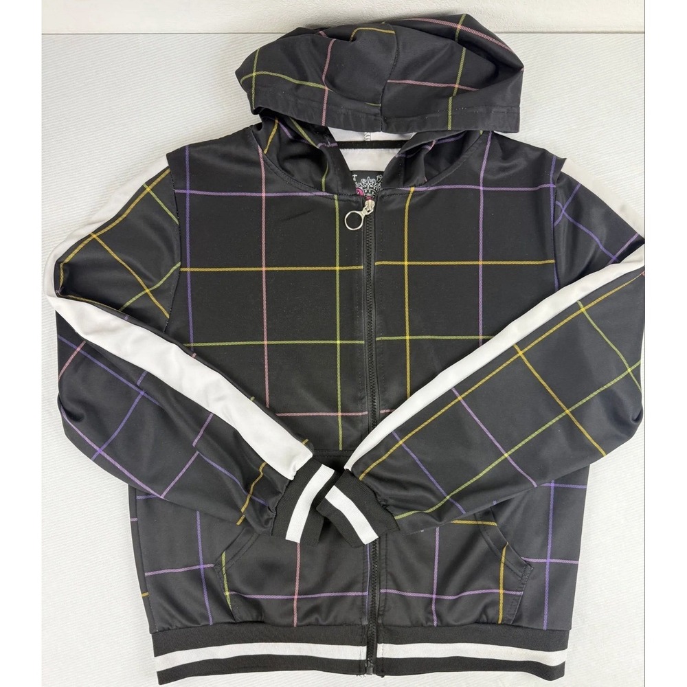 Dazl Mens XL Full Zip Hooded Hoodie Black/White Plaid Knit Polyester